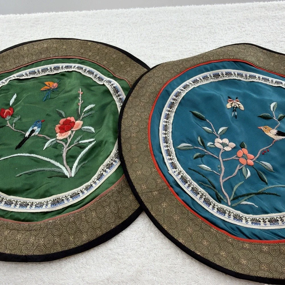 2 Chinese 100% silk Vintage embroidered round Textile flowers, bird, butterflies